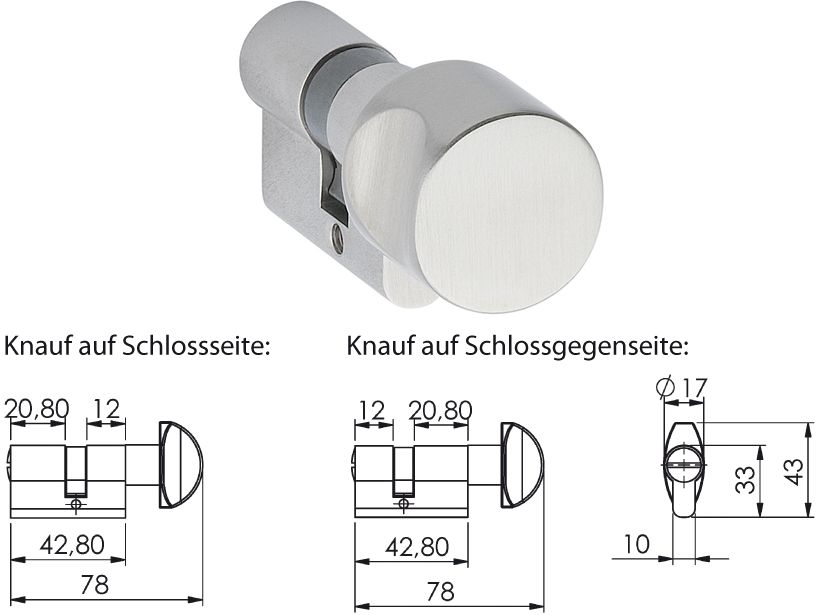 Glastür-WC-Knaufzylinder  Messing poliert