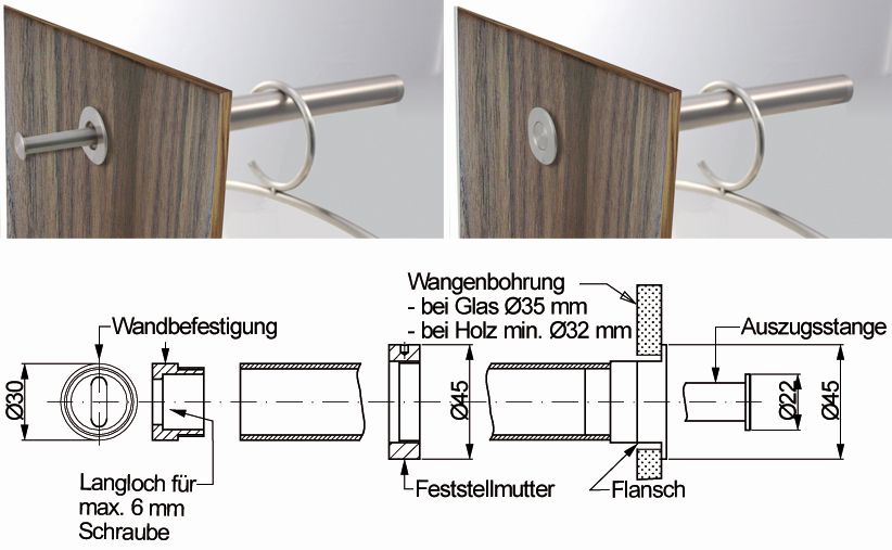 Edelstahl Wandgarderobe für Holz, bis Länge 1200mm