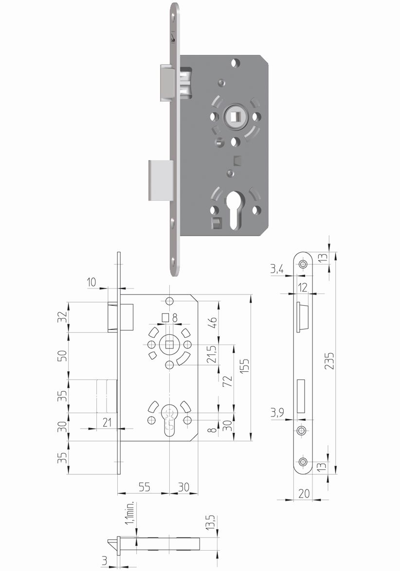 ZT-Einsteckschloß Klasse 2-55 PZW links 20mm rund
